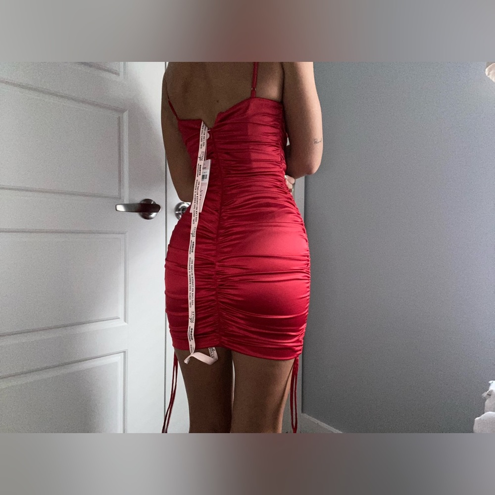 Oh Polly ‘All For You’ Lace Trim Satin Mini Dress. US4 Red. Brand new w tags